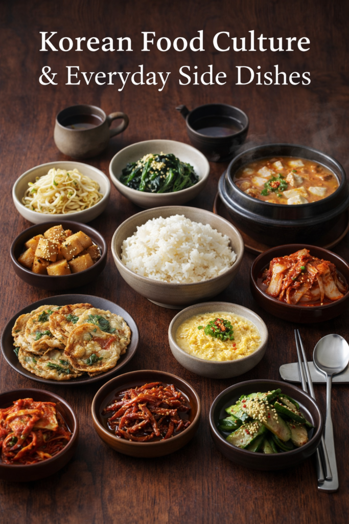 korean food culture and everyday side dishes on a traditional table