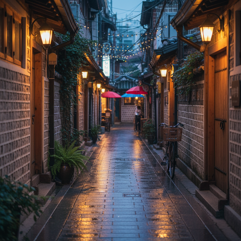 hidden alleys in Seoul at night with cozy lights