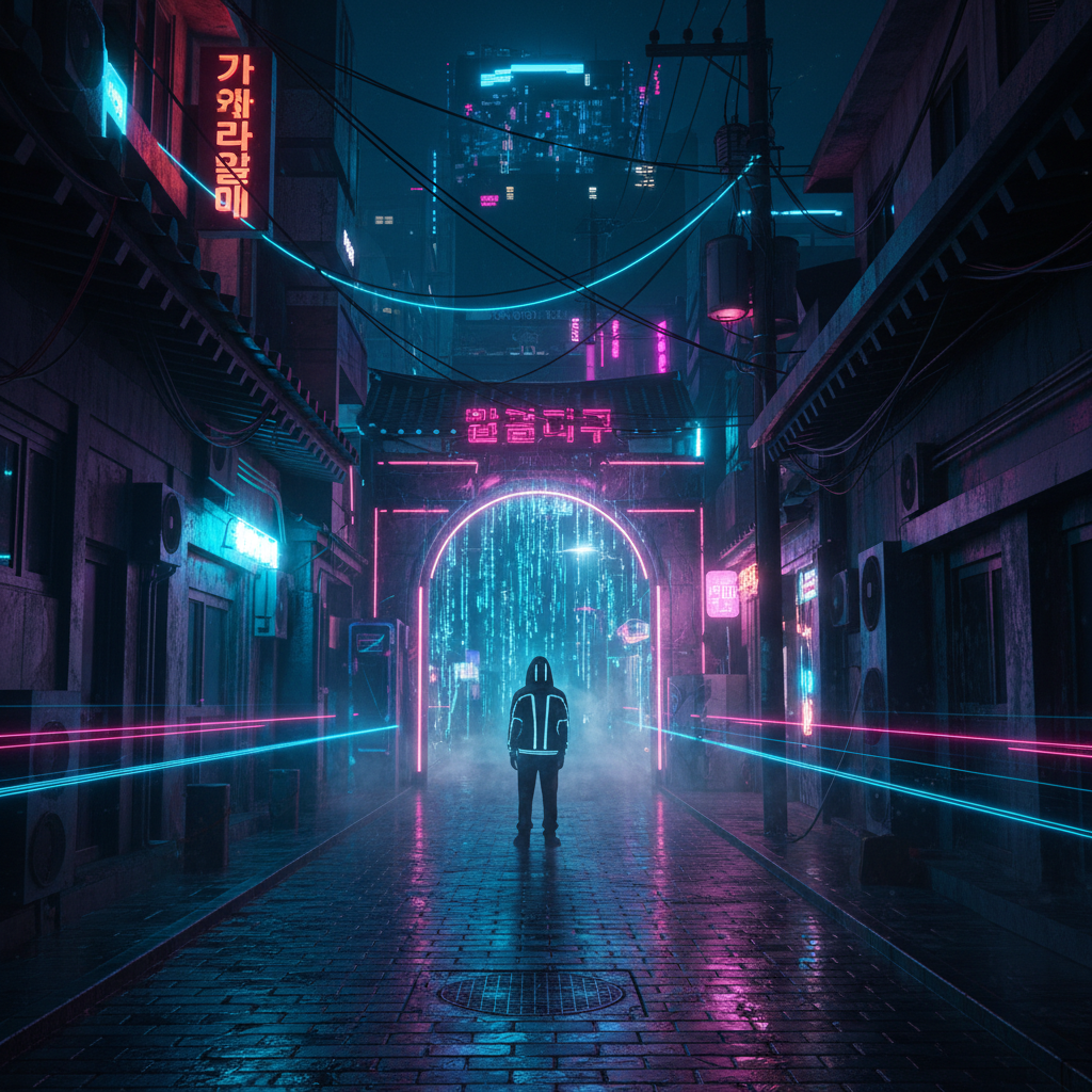 Seoul night photography spots in a hidden alley with neon lights and wet pavement