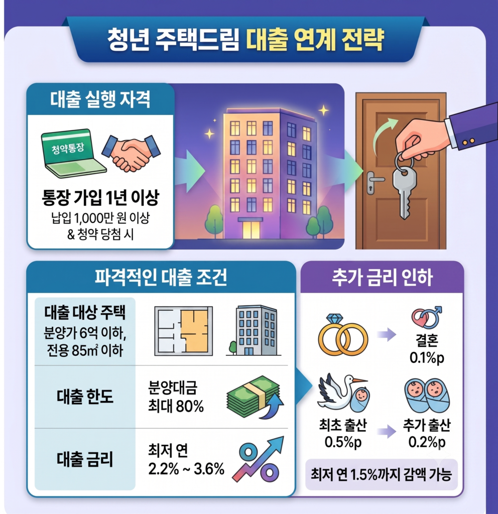 2026 청년 주택드림 대출 연계 전략 자격 요건 통장 가입 1년 이상 납입 1000만 원 이상 조건 분양가 6억 이하 전용 85제곱미터 이하 주택 대출 한도 80프로 금리 최저 연 2.2%에서 3.6% 및 결혼 최초 출산 추가 금리 인하 최저 연 1.5% 감액 안내 인포그래픽