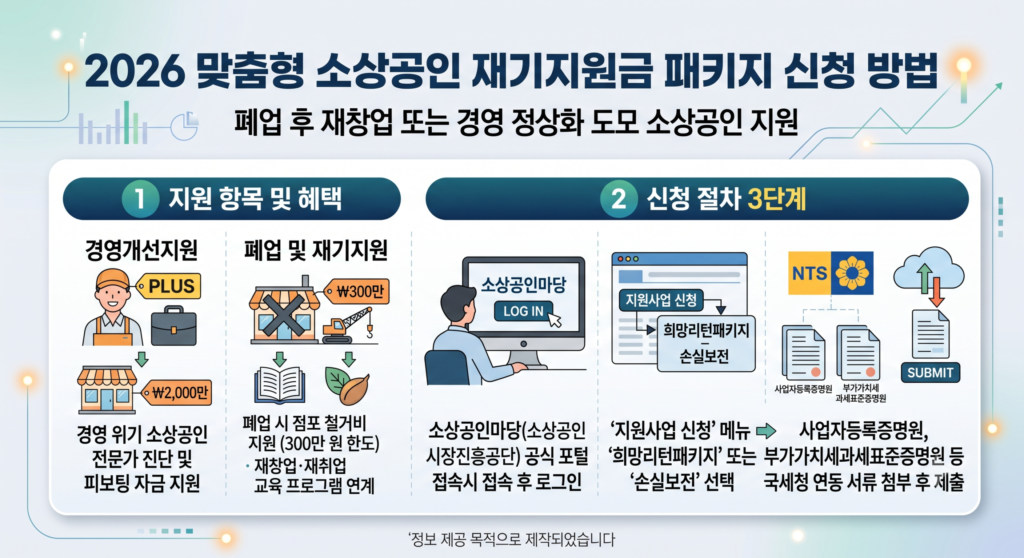 2026년 소상공인 재기지원금 지원 항목 혜택 및 폐업 시 점포 철거비 신청 방법과 소상공인마당 공식 포털 3단계 신청 절차 요약 인포그래픽